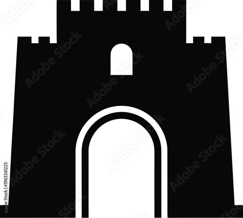 Ancient castle gate silhouette with stone walls and crenelated towers design