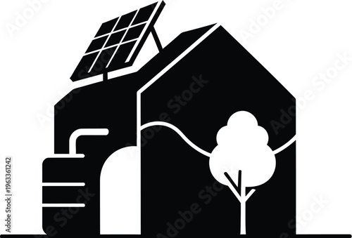 Sustainable eco house with solar panels and green energy garden concept