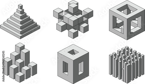 Geometric cube structure set with pyramid, cluster, hollow frame, prisms, and textured block, black-and-white vector illustration 