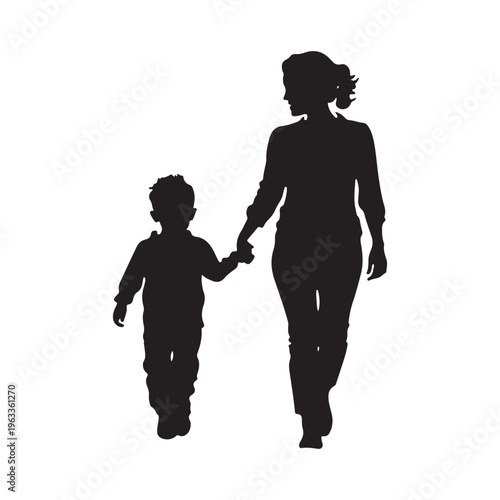 Mom and son walk forward holding hands. Mother-son relationship, trust. Isolated vector silhouette