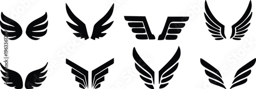 Modern Wing Logo Collection Vector Set – Abstract Angel Bird Wings Icons, Black Minimal Flying Wing Emblems for Brand, Badge, Tattoo and Design