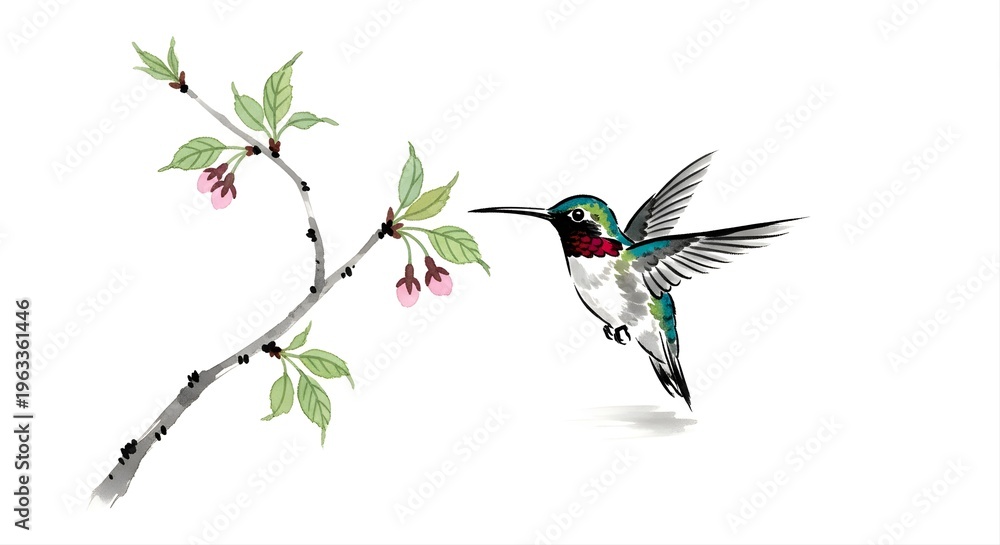 Naklejka premium A colorful vector illustration of a tropical bird of paradise and a wild hummingbird with vibrant wings and feathers perched on a tree branch near a spring flower in nature