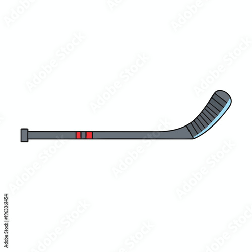 Simplified, grey hockey stick with red markings and a curved blade