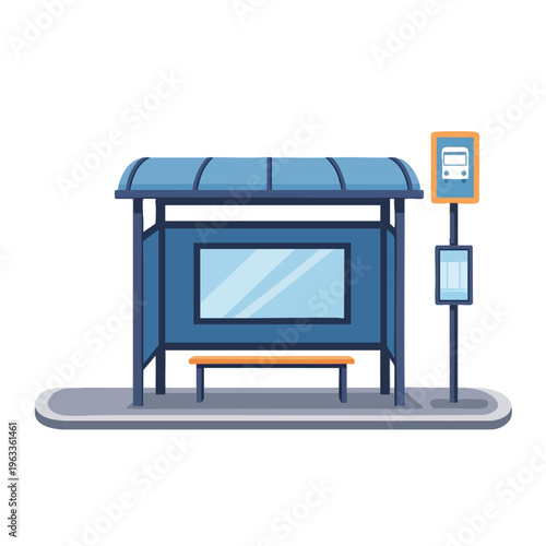 Modern, minimalist blue bus stop shelter with bench and sign