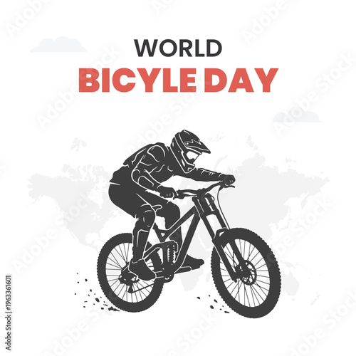 Downhill mountain biker in full gear and helmet with world map for World Bicycle Day extreme adventure