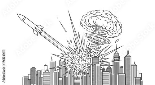 Rocket Missile Launch Explosion City Skyline.