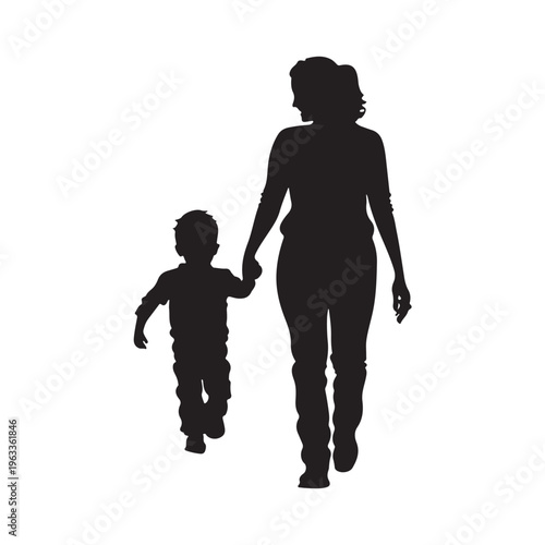 Mom and son walk forward holding hands. Mother-son relationship, trust. Isolated vector silhouette