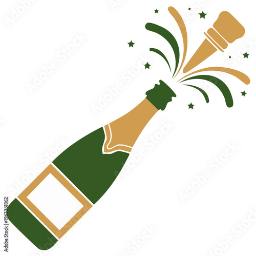 Champagne bottle opening with stars and bursts illustration celebration event