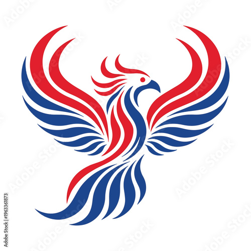 A vibrant and stylized phoenix illustration showcases red and blue plumage with feathered wings spread wide