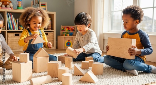 Diverse Children Play with Wooden Blocks on Rug in Bright Room