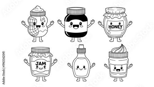 Kawaii food jar characters set including jam honey and peanut butter for coloring book and children's design