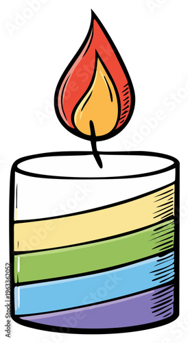Cartoon candle burning with rainbow stripes in fun style