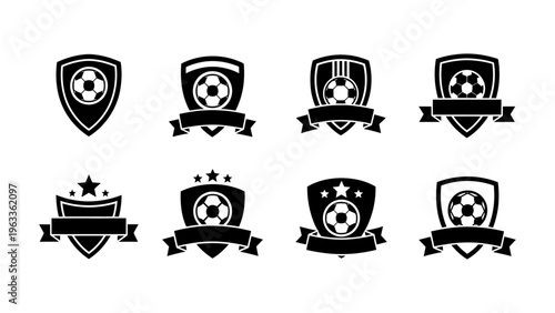 Soccer football crest and shield logo icons set with ribbons and stars for sports team branding and tournament emblems