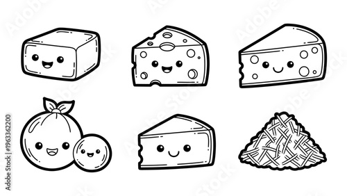 Kawaii cheese character set with cute faces for coloring book and sticker design