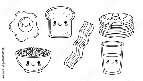 Cute kawaii breakfast food characters set with smiling faces for coloring book and children's graphic design