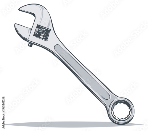 Adjustable wrench tool for home repairs or plumbing work in silver metal, service equipment, industrial equipment