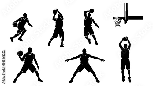 Basketball player silhouettes set featuring athletes dribbling shooting and dunking for sports graphic design