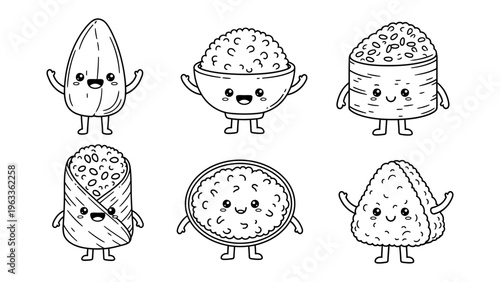 Kawaii rice characters coloring book page featuring cute sushi onigiri and bowl of rice vector illustration