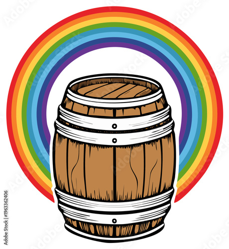 Wooden barrel with rainbow arc behind it symbol of luck and bounty