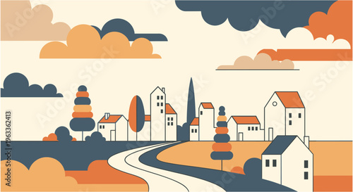 Quaint village landscape in minimalist modern illustration with orange and blue hues on flat design for travel brochure
