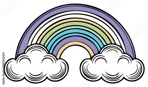Stylized Pastel Rainbow with Clouds, Children's Illustration, Cute Design Element