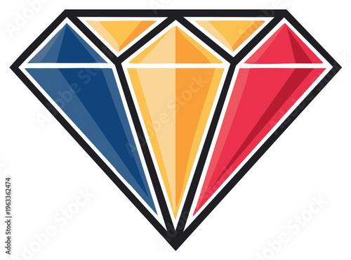 Geometric Diamond Shape with Red Yellow Blue Colors Abstract Gemstone Facets and Sharp Edges