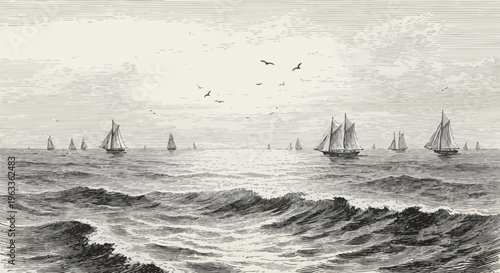 Vintage Etching of Sailing Ships on Open Sea