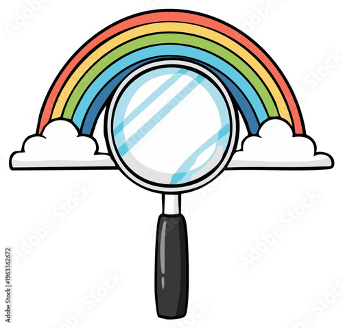 Magnifying glass examining a rainbow and clouds, colorful cartoon illustration