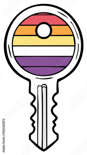 Cartoon key illustration featuring a retro striped design in warm and cool colors
