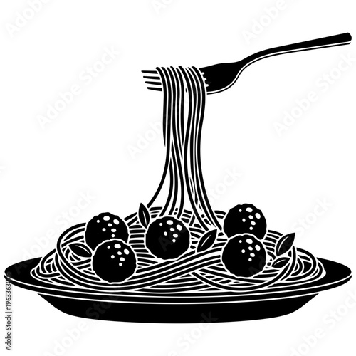 A plate of spaghetti with olives being picked up by a fork isolated on transparent background, Vector