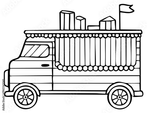 Outline illustration of a fanciful truck with structures on top, perfect for coloring activity and learning