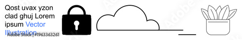 Cybersecurity, data protection, cloud storage, encryption, technology, digital privacy. Padlock and cloud icon alongside a potted plant. Cybersecurity and data protection concept