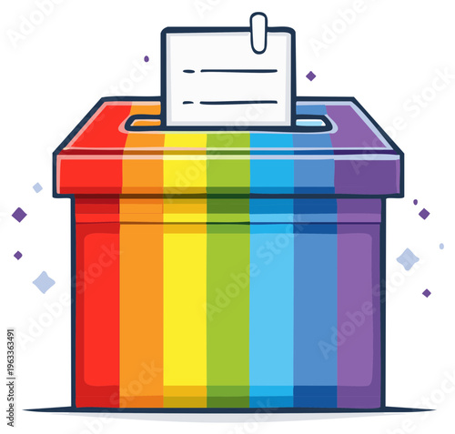Rainbow voting box with ballot and paper clip, symbolizing equality and inclusive elections
