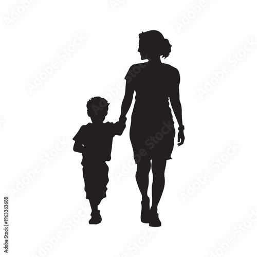 Mom and son walk forward holding hands. Mother-son relationship, trust. Isolated vector silhouette