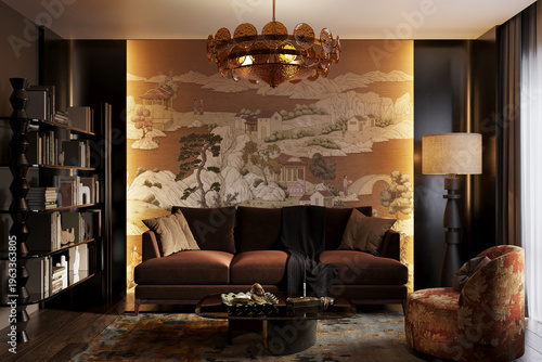 Tableau sur toile Luxury Dark Living Room Interior with Asian Mural, Brown Velvet Sofa and Warm Am
