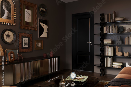 Tableau sur toile Luxury Dark Living Room Interior with Asian Mural, Brown Velvet Sofa and Warm Am