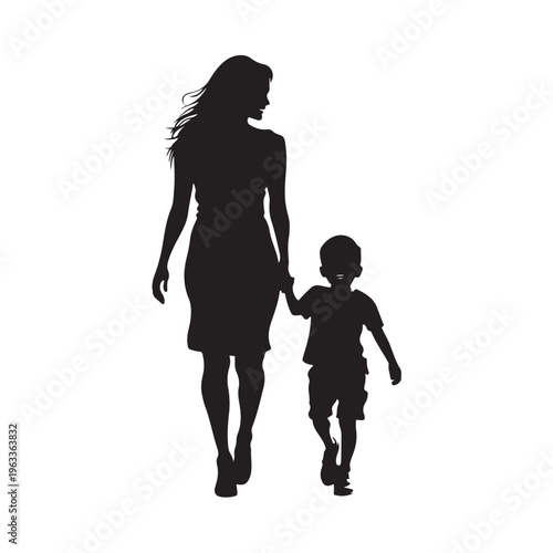 Mom and son walk forward holding hands. Mother-son relationship, trust. Isolated vector silhouette