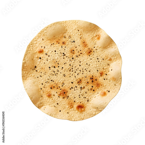 Crispy roasted papadum with black pepper top view isolated. Indian flatbread snack , isolated on white or transparent background, PNG Format.