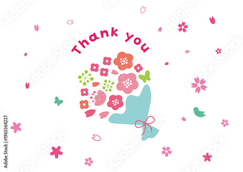 花束とありがとうのメッセージ 春の花イラスト 母の日や感謝のデザイン素材/Thank you message with floral bouquet illustration for spring greeting card and Mother’s Day design