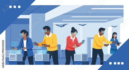Diverse team using augmented reality headsets to manage smart warehouse operations with drones, showcasing future logistics and Industry 4.0 innovation.