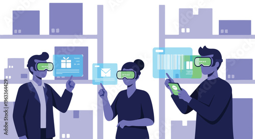 People using VR headsets in a warehouse, interacting with digital interfaces for logistics and inventory management.