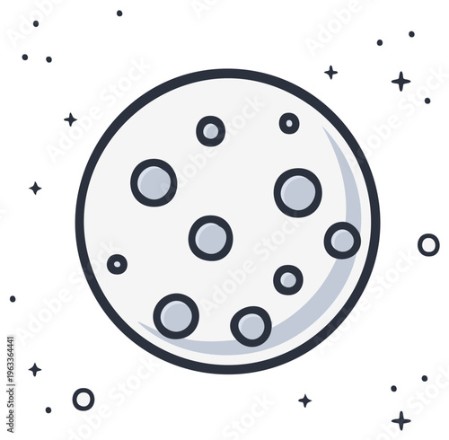 Cartoon-style illustration of the moon with craters and stars.