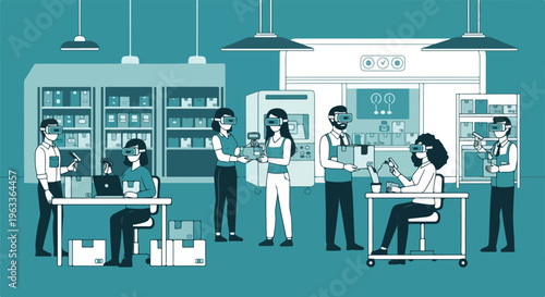 People wearing VR headsets working in a modern warehouse or factory, using technology for automation and efficiency