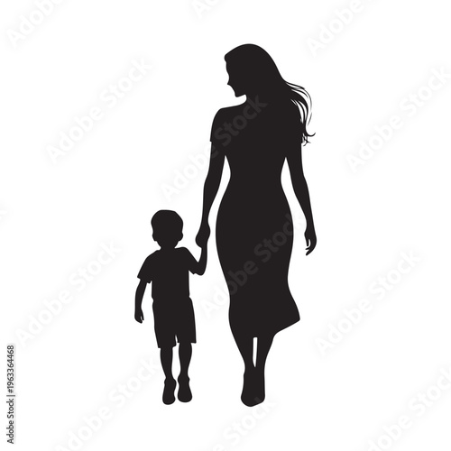 Mom and son walk forward holding hands. Mother-son relationship, trust. Isolated vector silhouette
