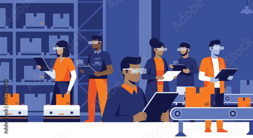 Warehouse workers using VR headsets and tablets for inventory management and logistics in a modern distribution center