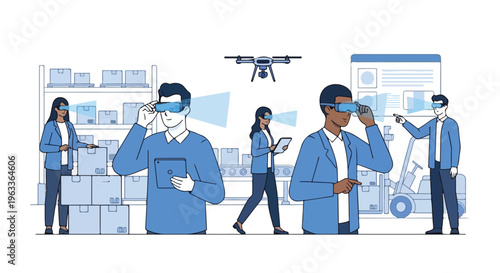 Warehouse workers using augmented reality glasses and drones for inventory management and logistics