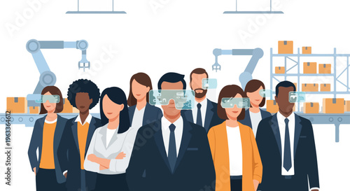 Diverse business team using augmented reality headsets in a smart factory environment, representing Industry 4.0 and digital transformation.