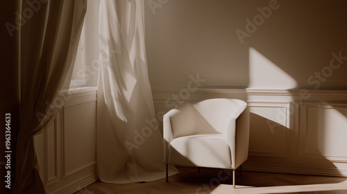 Minimalist Scandinavian interior with clean lines and neutral tones and natural ambient light. lifestyle magazines.