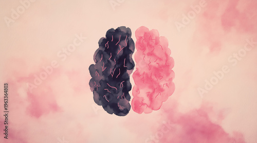  An abstract brain illustration with dual-tone design, representing cognitive functions artistically. STEM education sheets, lab safety posters, designed for biotech research communications.