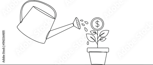 Financial growth concept, investment vector illustration, watering can, money plant, dollar coin, nurturing wealth, black and white line art, economy symbol
